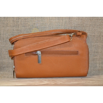 Portfel torebka skórzana brązowa z kwiatowym kolorowym haftem .